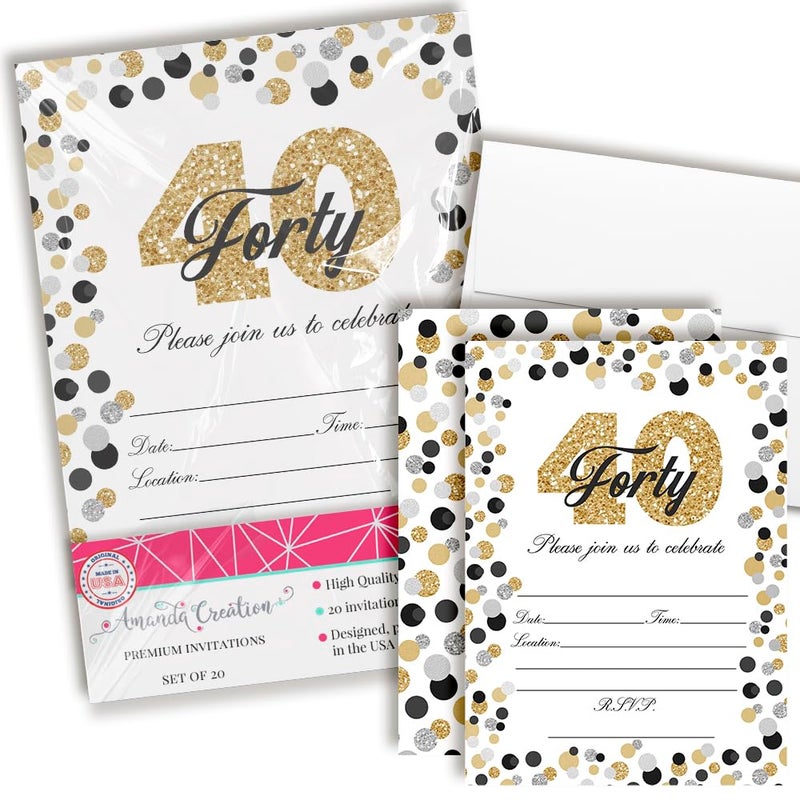 Amanda Creation Confetti Polka Dot 40th Birthday Party Invitations, 20 5x7 Fill In Cards with Twenty White Envelopes by AmandaCreation - Image 1